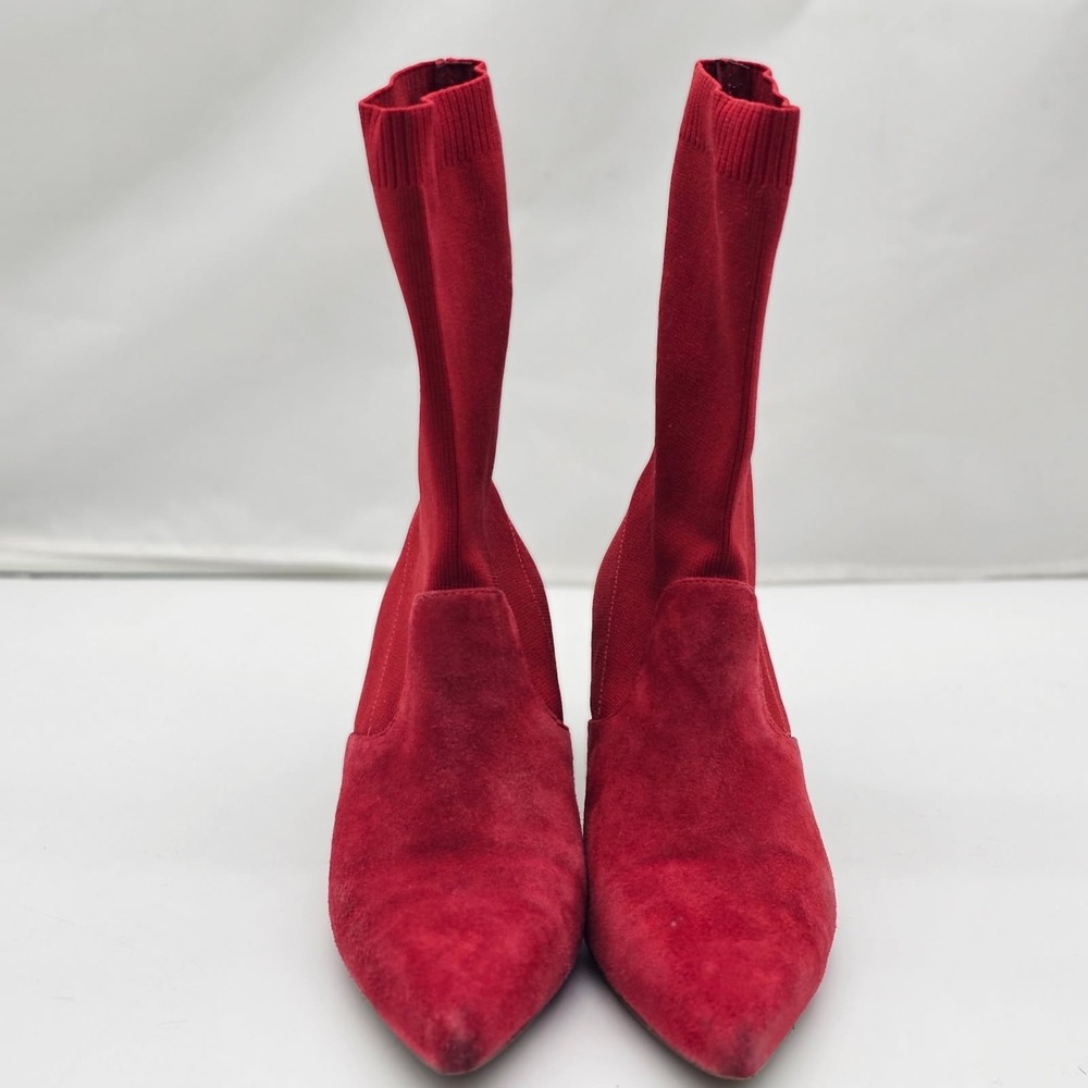 Halston Women Size 9 Sock Red Booties Suede Stretchy Pointy Toe Valentine Day - Picture 2 of 14